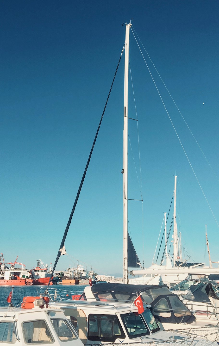 Güneşli bir marinada demirlemiş Türk bayraklı beyaz tekneler.